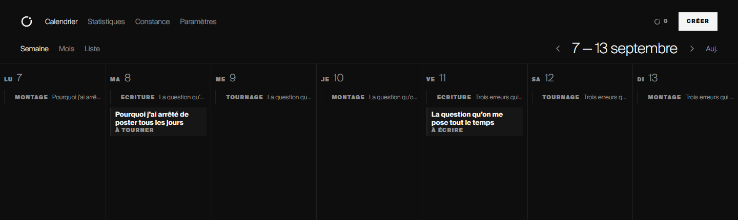 La vue semaine de Semper : sept colonnes, les blocs d’écriture, de tournage et de montage posés dans les jours qui précèdent chaque publication.